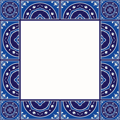 Tile frame vector. Vintage border pattern. Old ceramic decor design. Spanish mosaic, portugal azulejos, italian sicily majolica