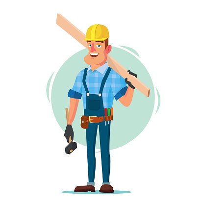 Timber Frame House Construction Worker Vector. Construction Worker On Framing A Building. Isolated Flat Cartoon Character Illustration