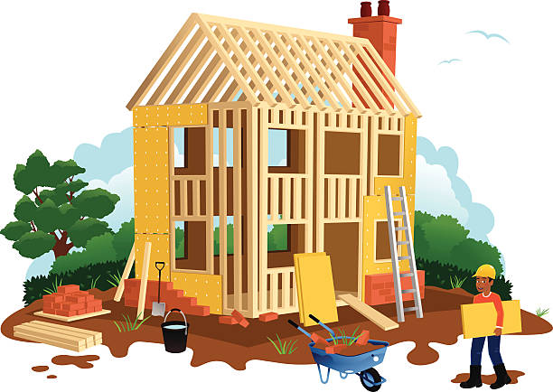 Timber framed house construction Isolated illustration of a typical house building site. The house is a timber frame construction, with some ground level brickwork, plus chimney stack. Scattered around the site are various materials such as bricks and wood. There is a man in the foreground carrying some cladding board. house borders stock illustrations