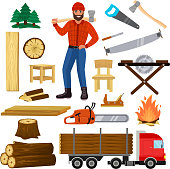 istock Timber vector lumberman character and logger saws lumber or hard 1060065360