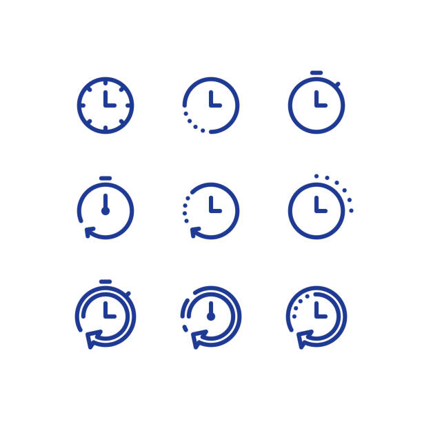 Time clock line icon set, fast delivery, quick service, working hours Fast time logo, stop watch symbol,  time period concept, working hours,  quick timely delivery, express and urgent services, deadline and delay, vector line icon set waiting stock illustrations