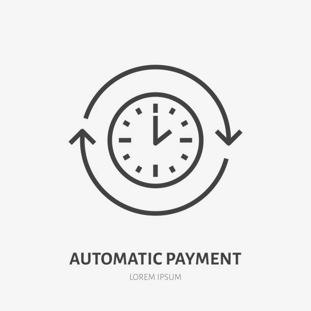 Time flat line icon. Automatic payment concept sign. Thin linear logo for quick loan, cash transfer, round the clock delivery vector illustration Time flat line icon. Automatic payment concept sign. Thin linear logo for quick loan, cash transfer, round the clock delivery vector illustration. automatic stock illustrations