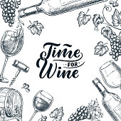 istock Time for wine frame with hand drawn calligraphy lettering. Vector sketch illustration. Poster, label or menu design. 1131245458