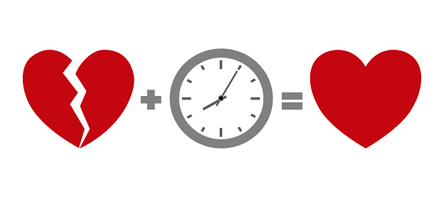 Time heal a broken heart concept vector illustration on white background. Red heart with clock in flat design.