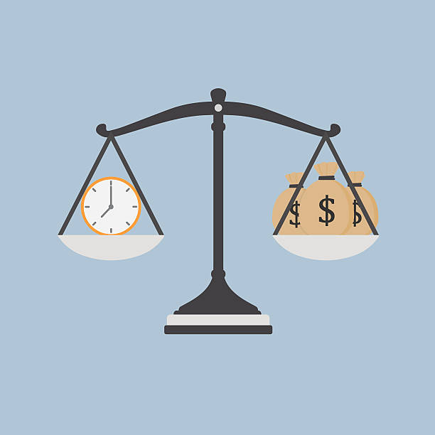 Time Is Money Illustration, Watch And Moneybag on The Scale vector art illustration