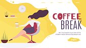 Time Management, Work Planning and Organization Landing Page. Coffee Break and Lunchtime in Corporate Office. Cartoon Woman Worker Character Drinking Aroma Beverage and Rest. Vector Flat Illustration