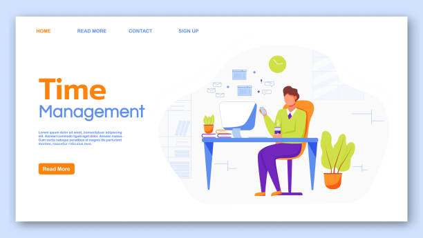 Time management landing page vector template. Office work website interface idea with flat illustrations. Workspace organization homepage layout. Business web banner, webpage cartoon concept  signup stock illustrations