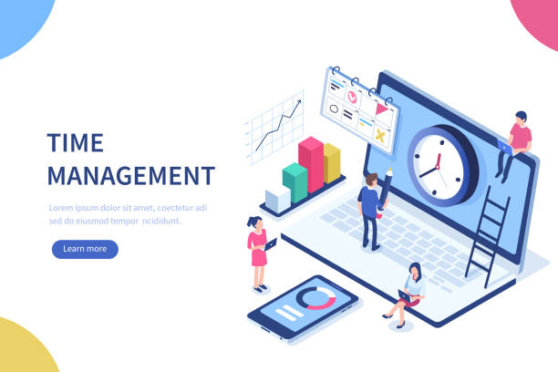 time management Time management banner with character and text place. Can use for web banner, infographics, hero images. Flat isometric vector illustration isolated on white background. time illustrations stock illustrations