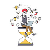 istock Time Management, Working Productivity, Multi-Tasking. Tiny Businessman Character Sitting on Huge Hourglass with Laptop 1285828346
