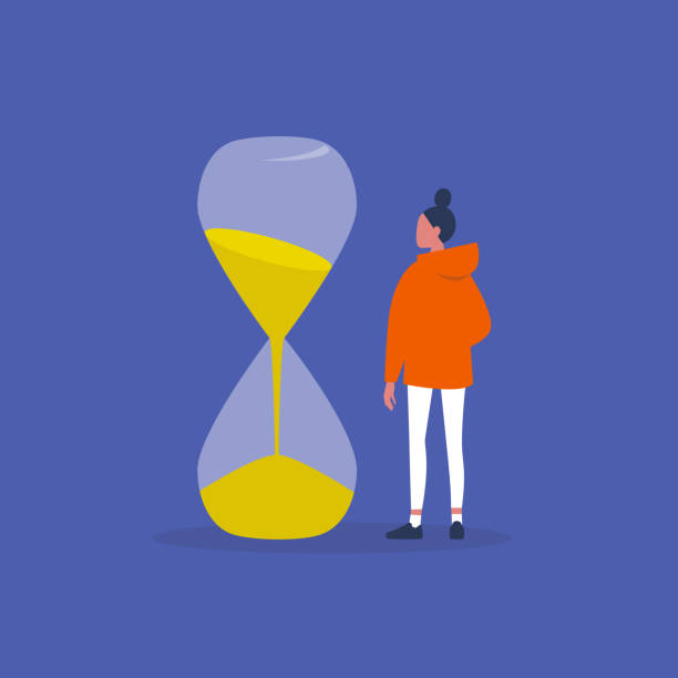 Time management. Young female character looking at the sandglass. Planning. Office work. Flat editable vector illustration, clip art Time management. Young female character looking at the sandglass. Planning. Office work. Flat editable vector illustration, clip art time illustrations stock illustrations