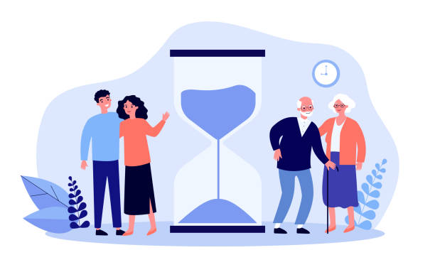 Time of young and senior people Time of young and senior people. Couples standing near hourglass flat vector illustration. Age, lifespan, generation concept for banner, website design or landing web page short hair stock illustrations