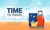 istock Time to travel banner. Airport interior with suitcases and plane taking off on background 1318013851