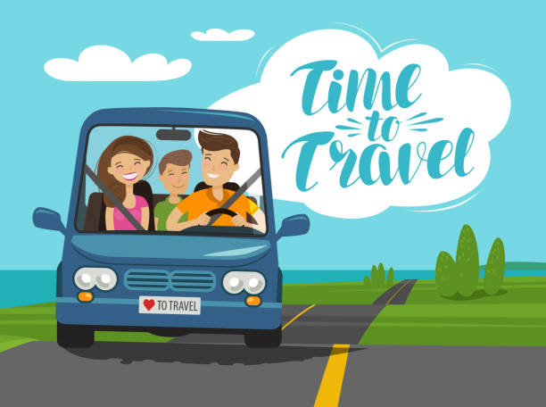 ilustrações de stock, clip art, desenhos animados e ícones de time to travel, concept. happy family rides car on journey. cartoon vector illustration - family car