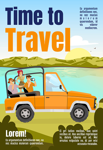 Time to travel magazine cover template. Car trip to forest. Journal mockup design. Vector page layout with flat character. Adventure advertising cartoon illustration with text space