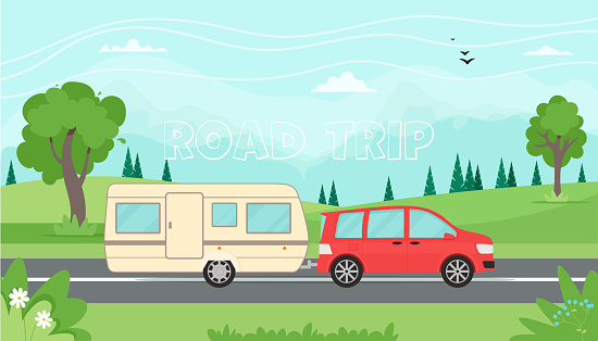Time to travel, road trip concept. Travelling by car with travel trailer in the mountains. Spring or summer landscape. Vector illustration in flat style
