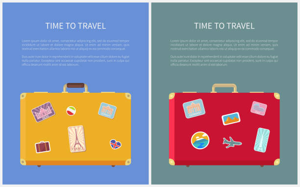 stockillustraties, clipart, cartoons en iconen met tijd om te reizen stickers op bagage set vector - packing suitcase