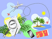 Time to travel. Web advertizing banner for vacation trip and travel concept. Route planning, smatphone, flight tickets, and airplane route to seaside with palms and beach.