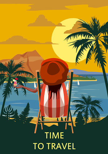 Time To Travel Woman lying on deck chair with cocktail in hand, resort tropical coast. Exotic sea ocean sunset shore sand, palms. Vector illustration retro vintage poster