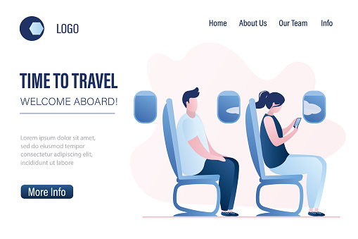 Time to travel,welcome aboard landing page template. Passengers in plane cabin webpage banner.