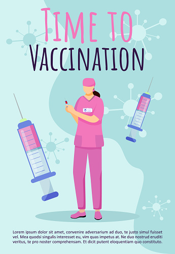 Time to vaccination brochure template. Flyer, booklet, leaflet concept with flat illustrations. Vector page cartoon layout for magazine. Immunization advertising printable poster with text space