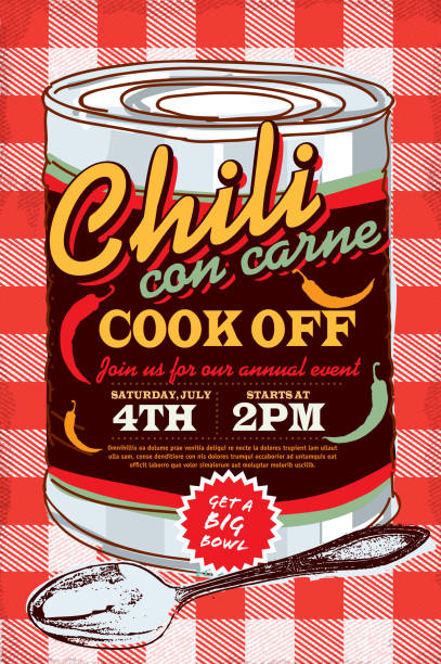 Tin can chili con carne cook off invitation design template Vector illustration of a Chili Cookoff con carne cook off invitation design template. Bright and colorful. Includes yellow and red color themes with red checkered table cloth. Perfect for pattern background for picnic invitation design template, summer barbecue event, picnic celebration, backyard bbq, private or corporate party, birthday party, fun family event gathering. cooking competition stock illustrations