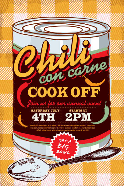 Tin can chili con carne cook off invitation design template Vector illustration of a Chili Cookoff con carne cook off invitation design template. Bright and colorful. Includes yellow and red color themes with yellow orange checkered table cloth. Perfect for pattern background for picnic invitation design template, summer barbecue event, picnic celebration, backyard bbq, private or corporate party, birthday party, fun family event gathering. cooking competition stock illustrations