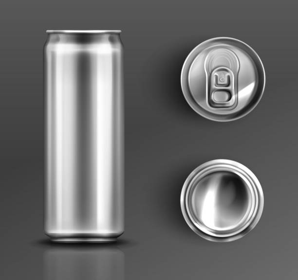 Tin can with open key front, top and bottom view Tin can with open key front, top and bottom view set. Cylinder metal jar with lid, silver colored aluminium canister for cold drinks isolated on grey background, Realistic 3d vector icons, clip art at the bottom of stock illustrations
