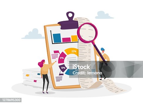 istock Tiny Accountant Characters Make Accountant Report Check Money Balance at Huge Clip Board Calculate Bookkeeping Data 1278695300