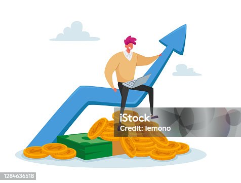 istock Tiny Business Man in Casual Clothing Work on Laptop Sitting on Huge Growing Arrow with Coins and Banknotes Below 1284636518