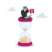 Tiny Businesswoman Character Sitting on Huge Hourglass with Laptop in Hands. Deadline, Business Process Concept, Time Management, Procrastination, Working Productivity. Cartoon Vector Illustration