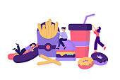 Tiny cartoon characters eating huge American fastfood flat vector illustration. Happy men and women playing with big burgers, donuts and beverages. Unhealthy nutrition and food concept