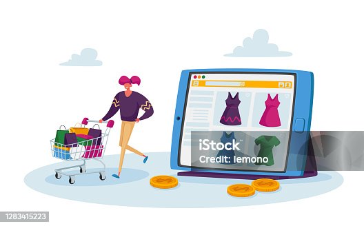 istock Tiny Character Purchase Dresses in Internet Store, Online Shopping. Girl Customer Pushing Trolley with Bags Buying Goods 1283415223