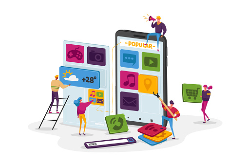 Tiny Characters Team Work at Huge Smartphone Put App Icons on Screen. Designers Create Application for Mobile, Busy Working Process, Teamwork Cooperation, Coworking. Cartoon People Vector Illustration