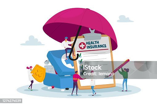 istock Tiny Characters under Huge Umbrella Fill Policy Document, Doctor Holding Golden Shield People Signing Health Insurance 1274274039