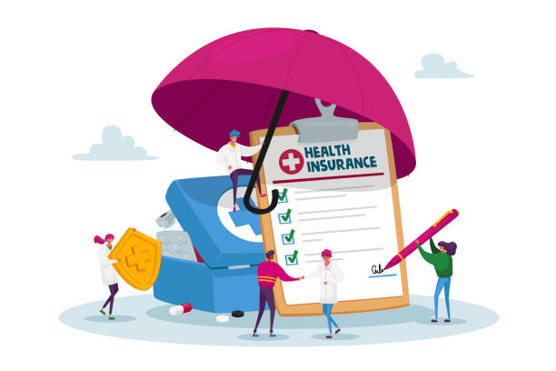 Tiny Characters under Huge Umbrella Fill Policy Document, Doctor Holding Golden Shield People Signing Health Insurance Tiny Characters under Huge Umbrella Fill Policy Document, Doctor Holding Protective Shield with Cross. People Signing Health Insurance, Medical Protection, Life Guarantee. Cartoon Vector Illustration finance and economy stock illustrations