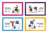 istock Tiny Characters Visiting Laundry Landing Page Template Set. People Loading Dirty Clothes to Washing Machine, Service 1284636504