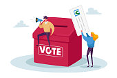 istock Tiny Characters Vote, Polling, Presidential Election or Social Poll Concept. Voters Casting Ballots during Voting 1281356052