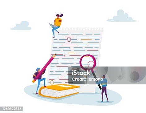 istock Tiny Characters with Magnifying Glass and Red Pencil Editing Mistakes in Paper Test. Teacher or Student Fix Grammar 1260329688