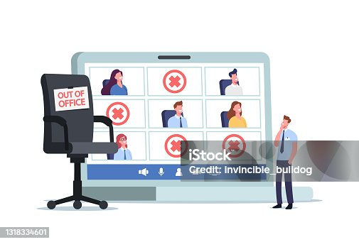 istock Tiny Company Boss Character at Huge Laptop with Employees Out of Office and Empty Armchair. Absence Work Management 1318334601
