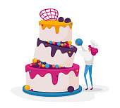 istock Tiny Confectioner or Baker Female Character in Chief Uniform and Toque Decorate Huge Festive Cake for Wedding or Birthday. Baker Cooking Pie with Cream, Mousse and Glaze. Cartoon Vector Illustration 1237467629