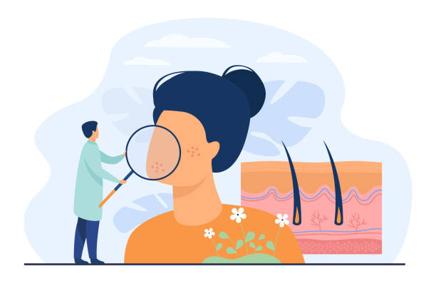 ilustrações de stock, clip art, desenhos animados e ícones de tiny dermatologist examining dry face skin - médico a examinar paciente