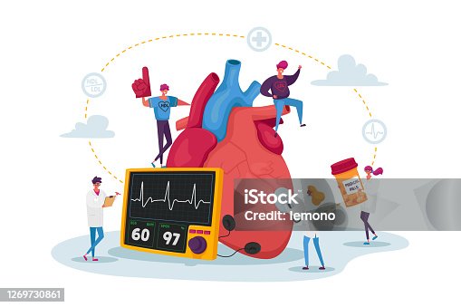 istock Tiny Doctor Characters with Drugs and Equipment at Huge Human Heart Measure Pulse and Cholesterol Level for Diagnose 1269730861