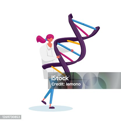 istock Tiny Female Character Carry Huge Human Dna Spiral Model. Doctor Conduct Laboratory Genetics Research Medicine Testing 1269730853
