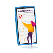 istock Tiny Female Character Filling Online Survey Form on Huge Smartphone Screen. Voters Questionnaire, Customers Feedback 1288486126