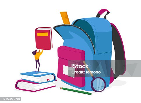 istock Tiny Female Character Put Textbooks in Huge Backpack with Educational Tools and Equipment. Studying, Learning, Back to School, Education in College or University Concept. Cartoon Vector Illustration 1225363694