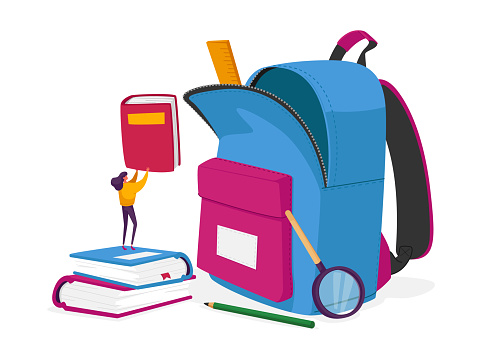 Tiny Female Character Put Textbooks in Huge Backpack with Educational Tools and Equipment. Studying, Learning, Back to School, Education in College or University Concept. Cartoon Vector Illustration