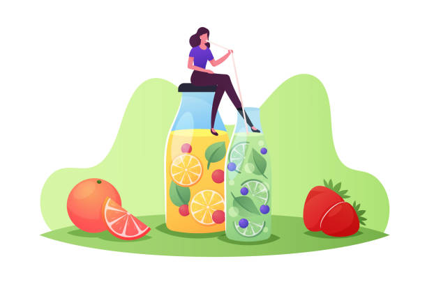Tiny Female Character Sitting at at Huge Glass Bottle with Lemonade or Juice with Lemon Slices and Mint Leaves for Detox Tiny Female Character Sitting at at Huge Glass Bottle with Lemonade or Juice with Lemon Slices and Mint Leaves. Woman Drinking Cold Drinks and Sweet Beverage for Detox. Cartoon Vector Illustration juice drink stock illustrations