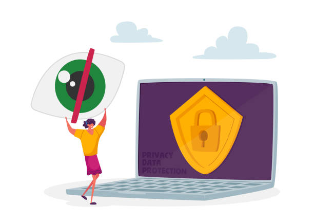 Tiny Female Character with Huge Crossed Eye, Woman Stand at Laptop with Padlock and Shield, Password Identification Tiny Female Character with Huge Crossed Eye, Woman Stand at Laptop with Padlock and Shield on Screen Password Identification Information Internet Profile or Account. Cartoon People Vector Illustration security illustrations stock illustrations