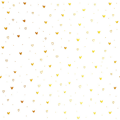 Tiny hand drawn uneven gold heart shapes on white paper background - seamless luxury and minimalistic love card design in vector
