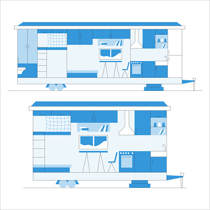 Tiny house with kitchen, bedroom, living room. Compact space concept.
